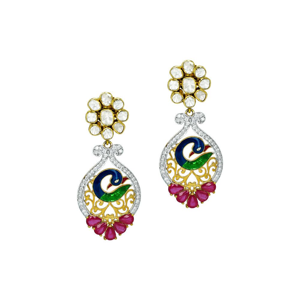 Polki Floral Earrings with Peacock Enamel and Ruby Accents